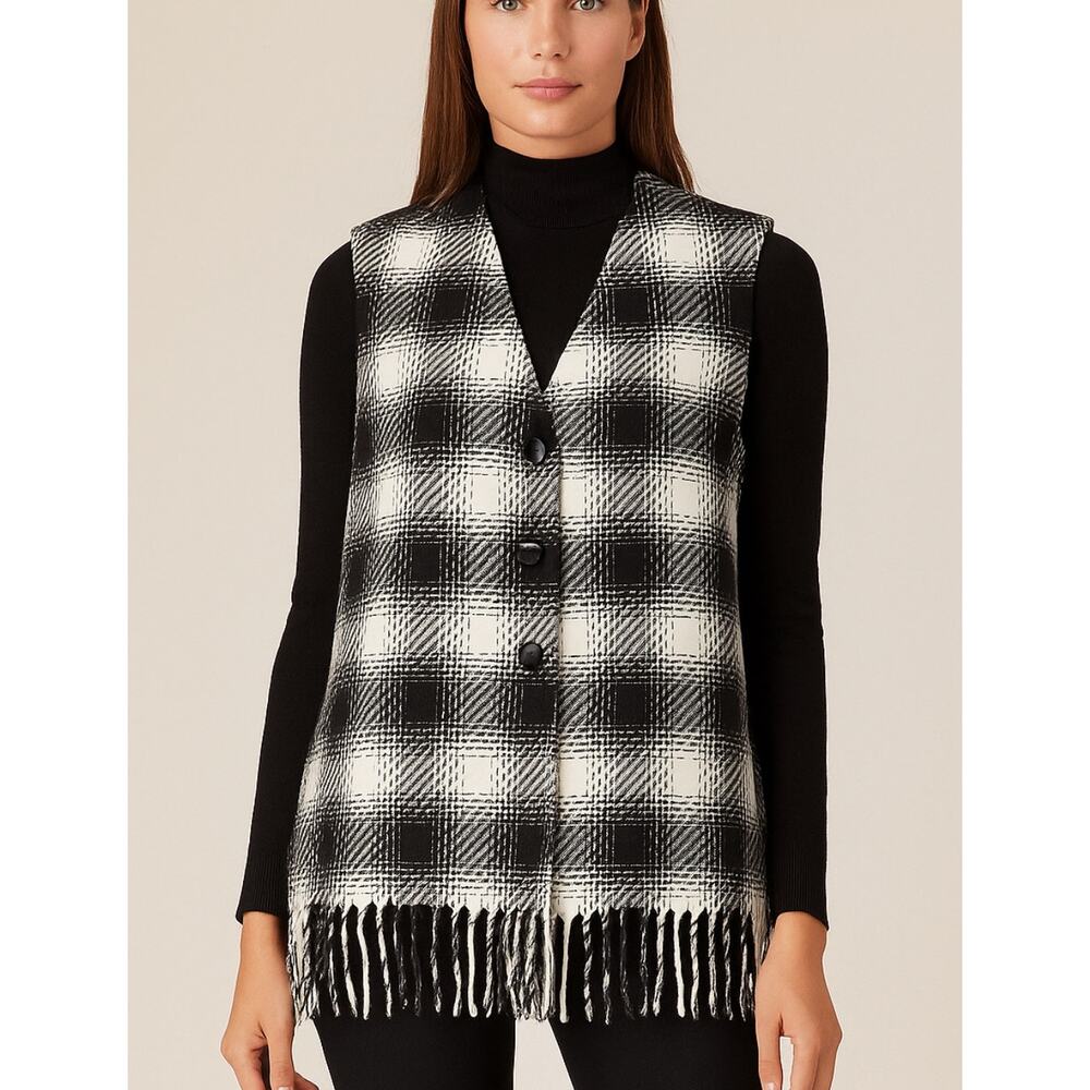 Pendleton Knockabouts Vest Womens Medium Black Plaid Wool Button Fringe Vintage